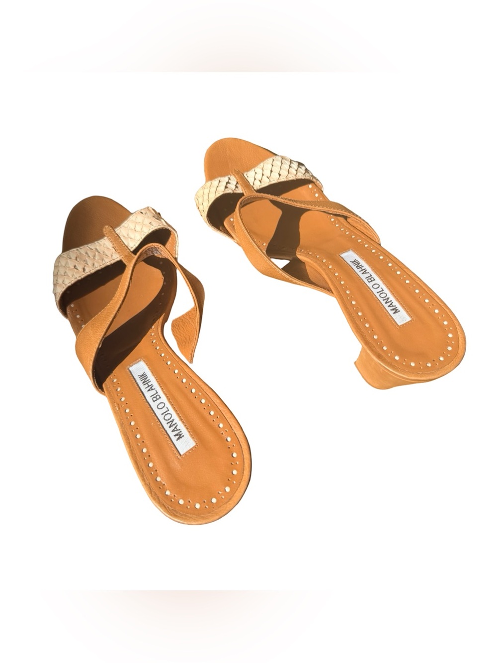 Manolo Blahnik Tan and Cream Leather Block Heel Mules - Picture 3 of 6